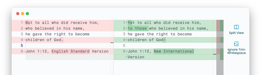 Screenshot of the Diffr app, comparing two similar translations of John 1:12