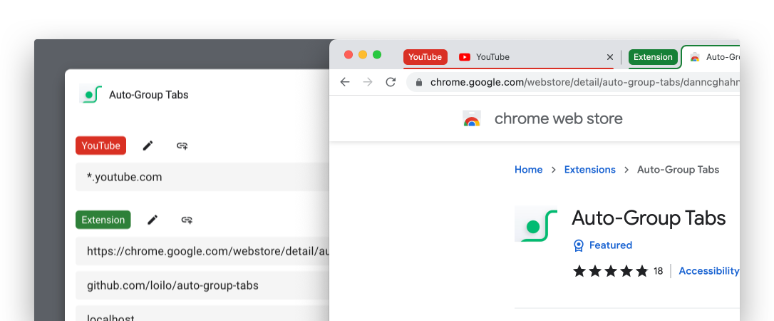 Two screenshots, one showing the settings screen of the Auto-Group Tabs extension with various groups configured, the other showing a browser tab bar with tabs assigned to those groups.