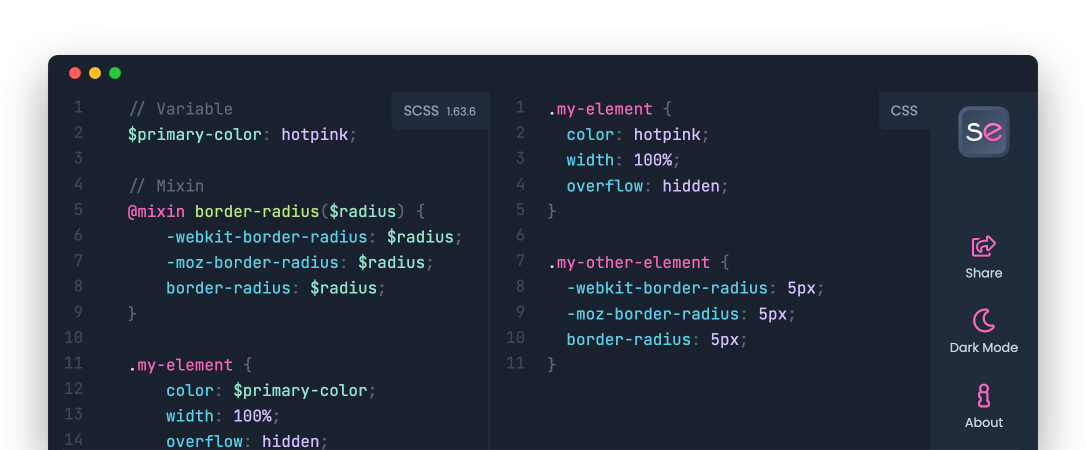 Screenshot of the sassed app with some SCSS code on the left and the compiled CSS code on the right